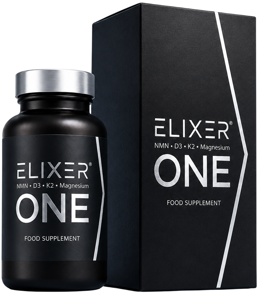 A black bottle of Elixer One food supplement with a silver cap stands next to its matching black packaging box on a plain white background.